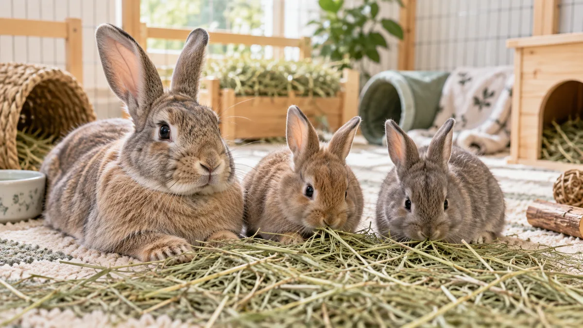 Lapine adulte avec deux jeunes lapins mangeant du foin