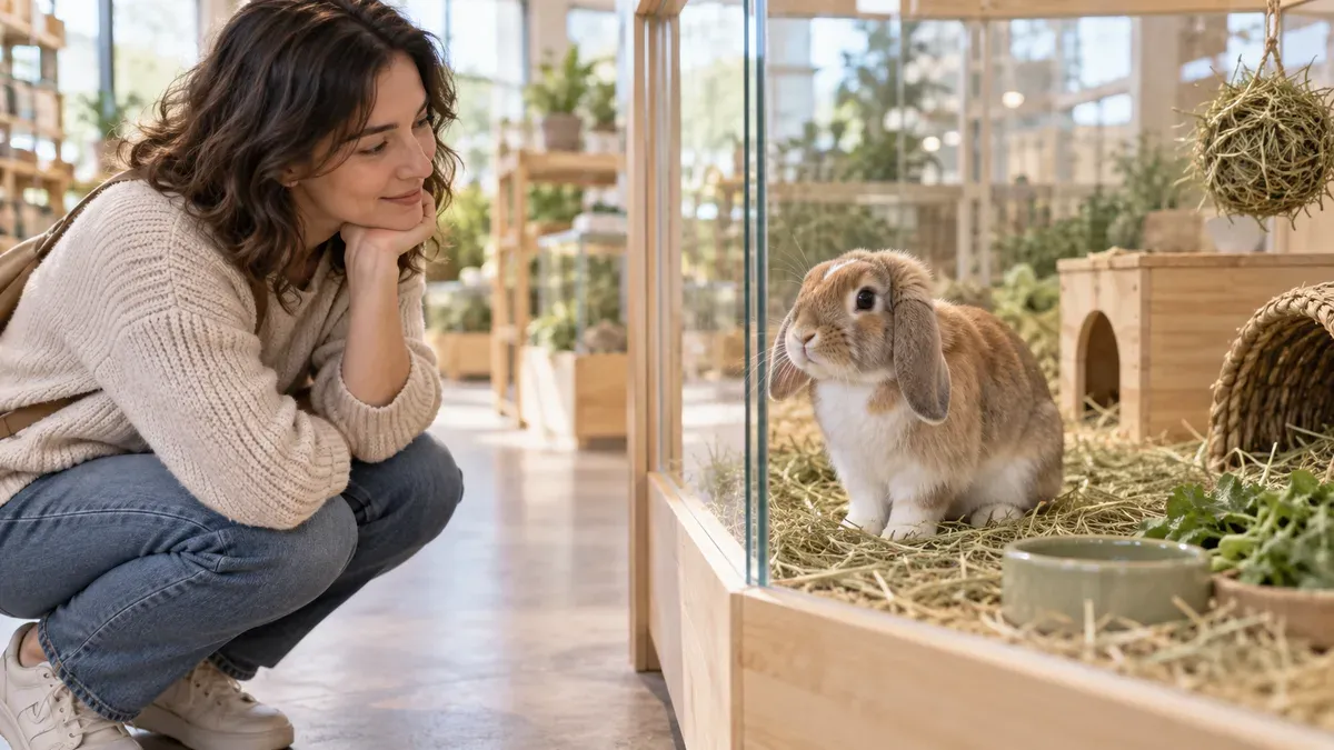 Person observing a rabbit in a clean pet-shop enclosure
