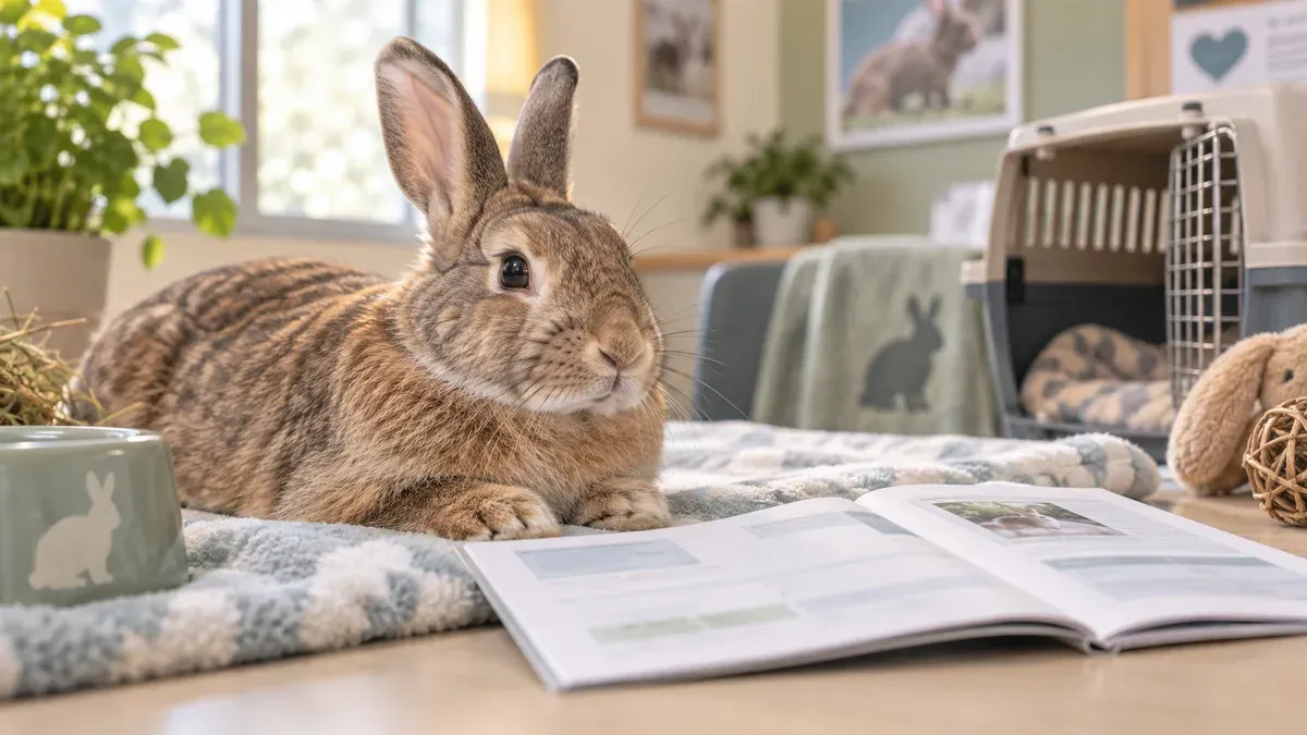 Rabbit resting beside an open health record booklet