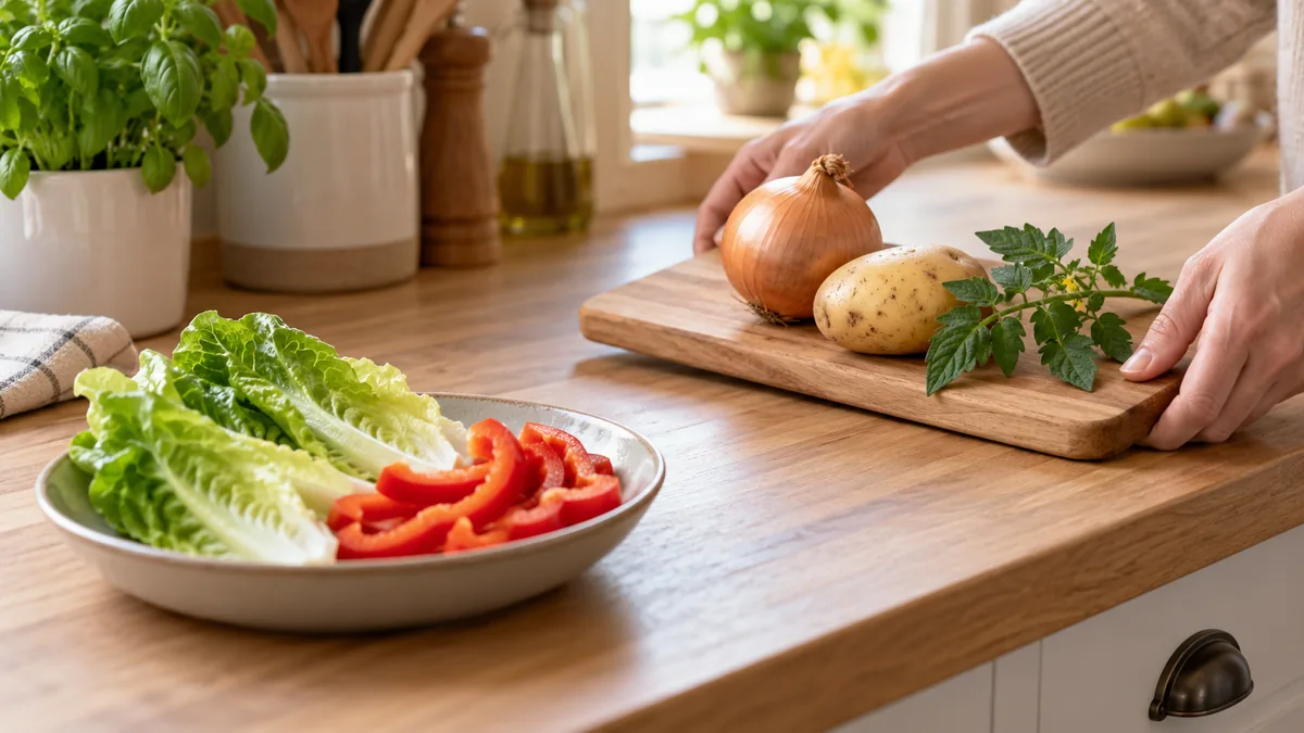Des mains éloignent un oignon, une pomme de terre et du feuillage de tomate d’une assiette de légumes.
