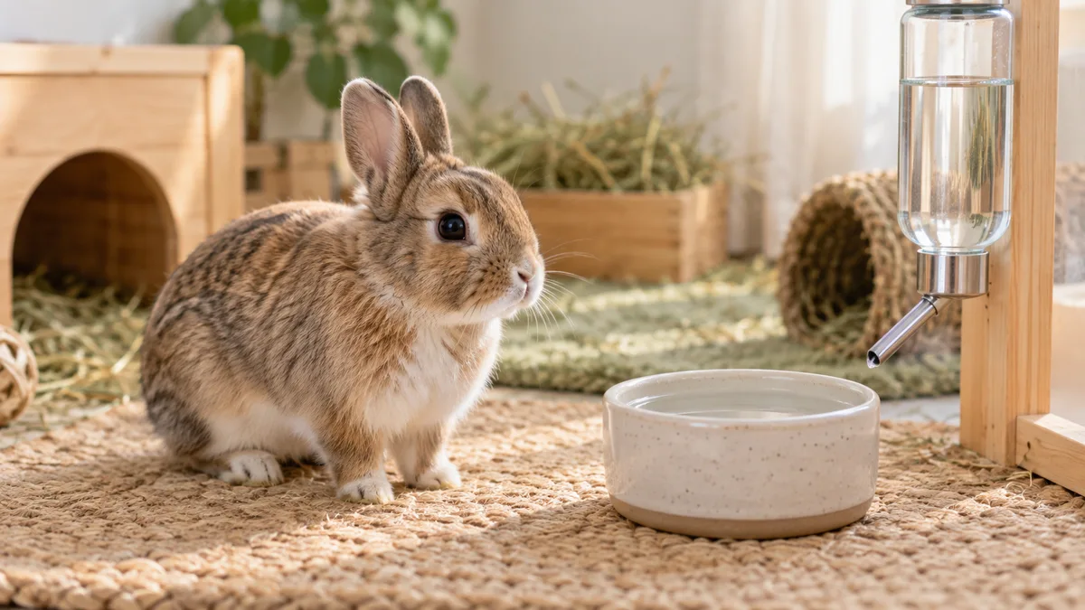 Lapin nain près d'une gamelle d'eau en céramique et d'un biberon