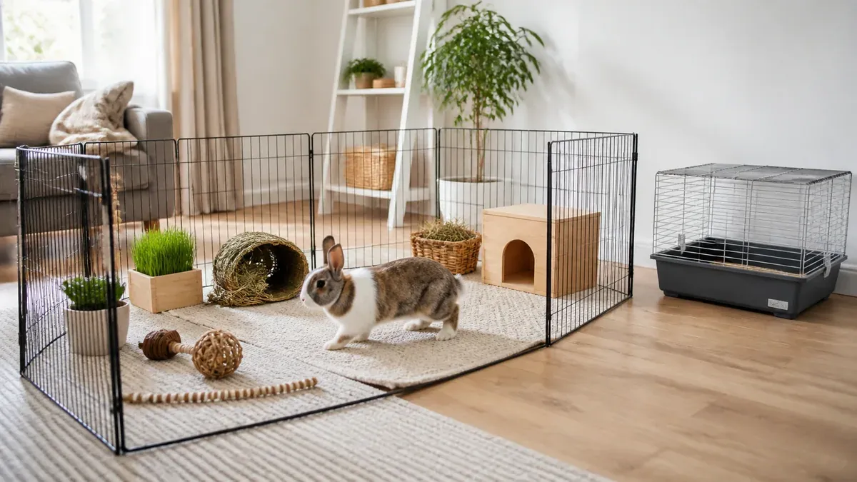 Lapin bélier dans un clapier en bois avec râtelier à foin et gamelle