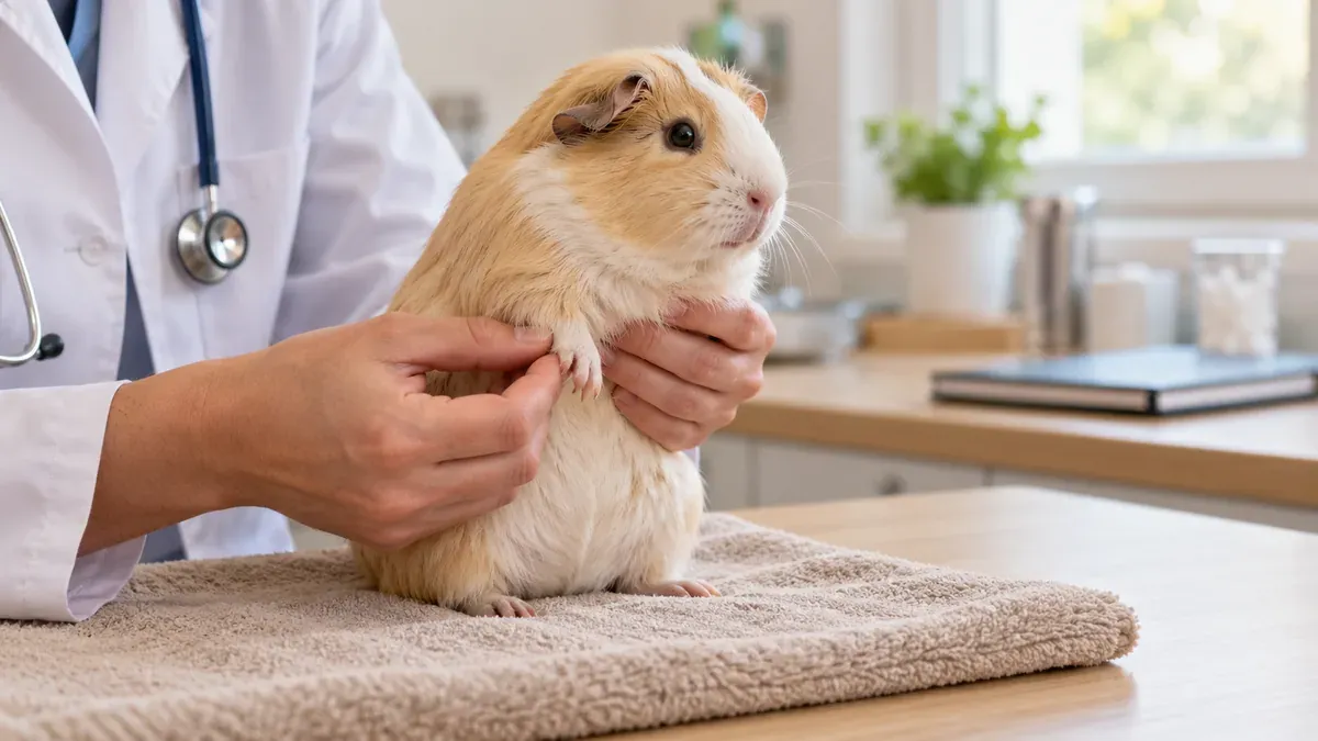Un vétérinaire observe un cochon d’Inde soutenu doucement sur une serviette.