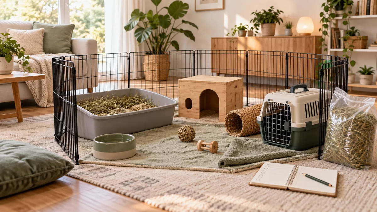 Enclos et accessoires préparés avant l'arrivée d'un lapin