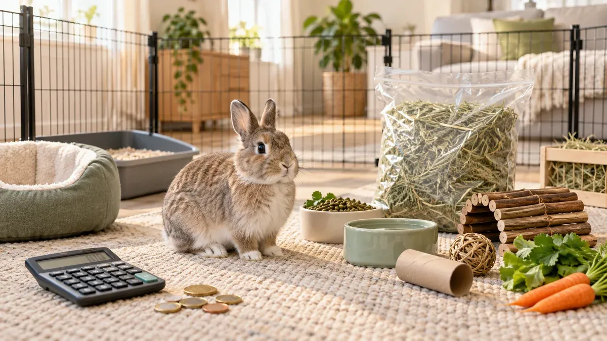 Dwarf rabbit in front of a new pen and a bag of hay