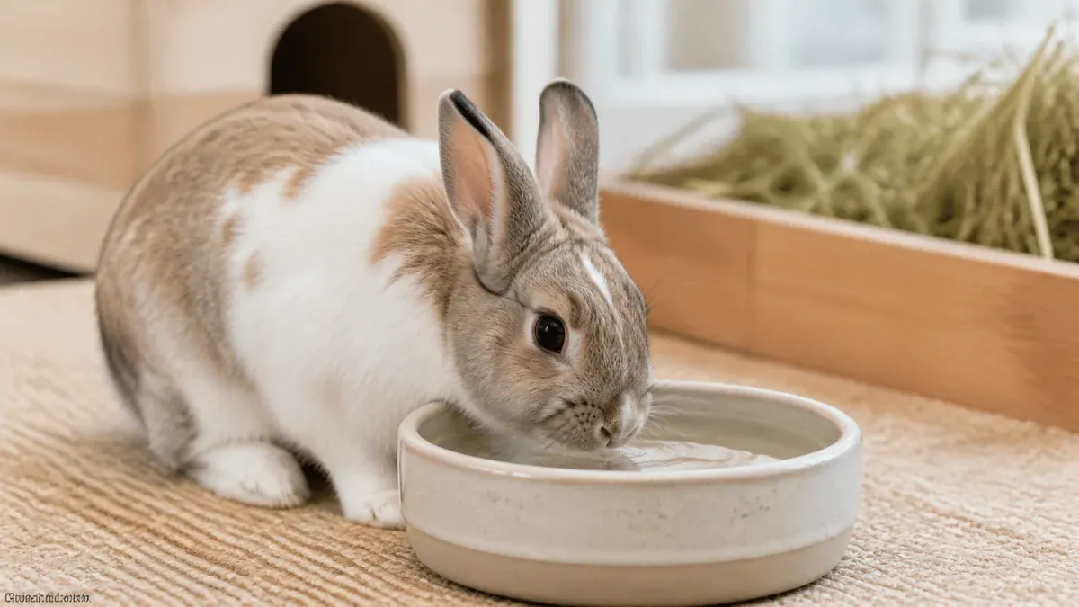 Lapin nain buvant dans une gamelle d'eau