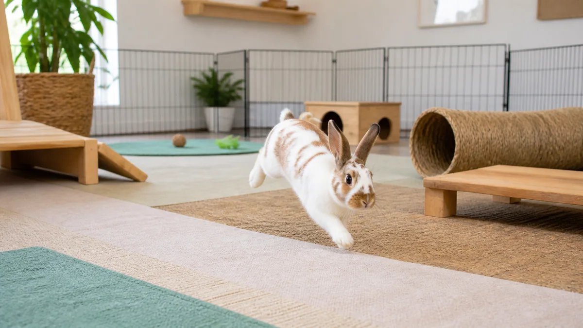 Lapin en pleine course dans un salon sécurisé pendant sa sortie quotidienne