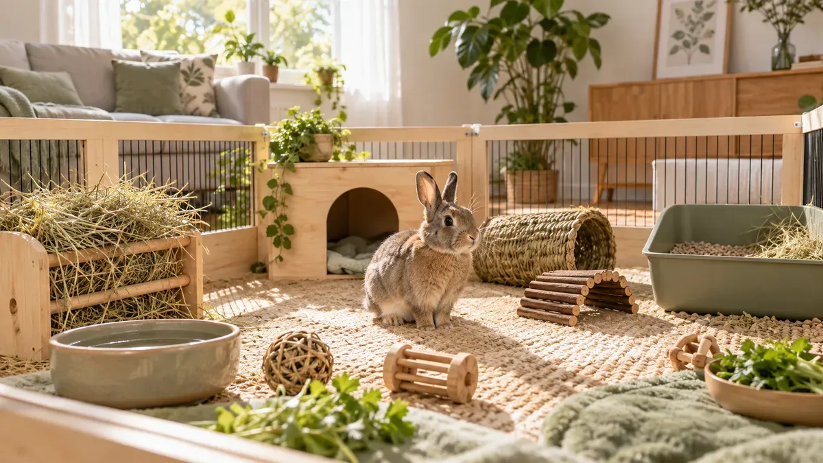 Rabbit alone in a set-up pen with hay and a hide