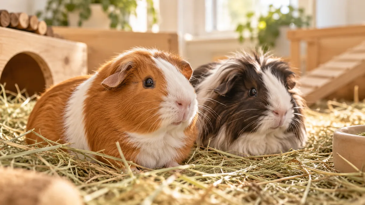 Deux cochons d’Inde adultes se reposent ensemble dans leur espace de vie.