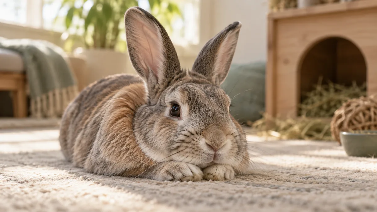 Lapin adulte au repos sur un tapis, museau posé sur les pattes avant