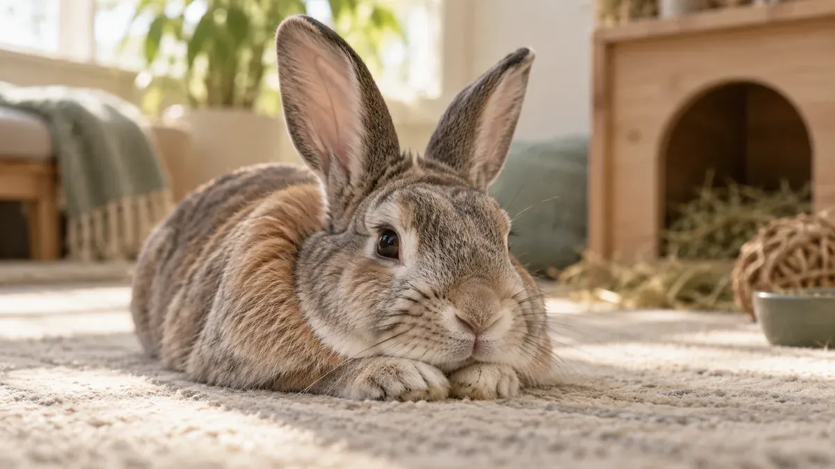 Adult rabbit resting on a mat with its chin on its front paws