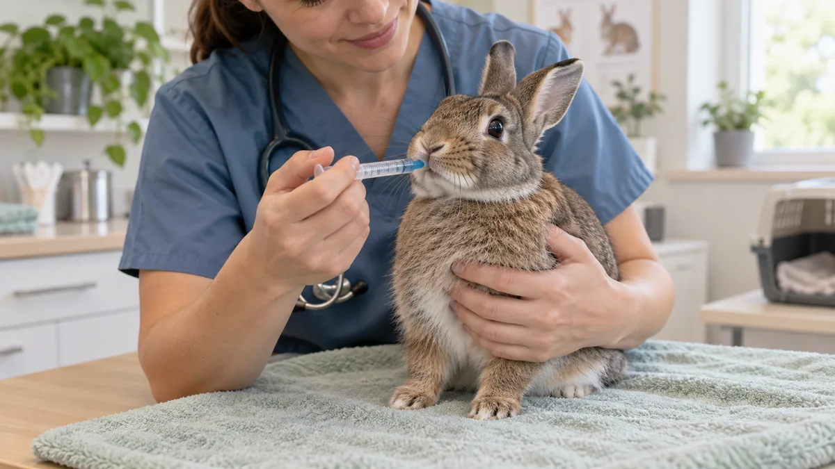 Vétérinaire administrant doucement un médicament oral à un lapin
