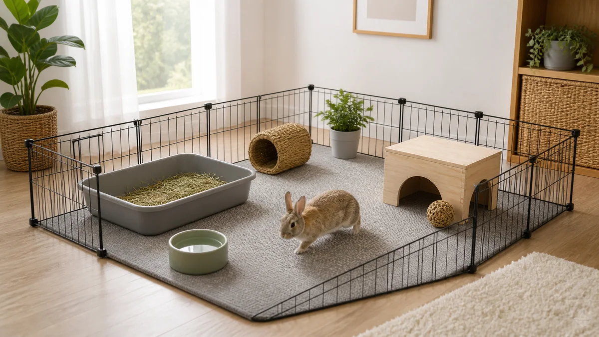 Parc intérieur pour lapin avec cachette, ratelier à foin et zone de jeu