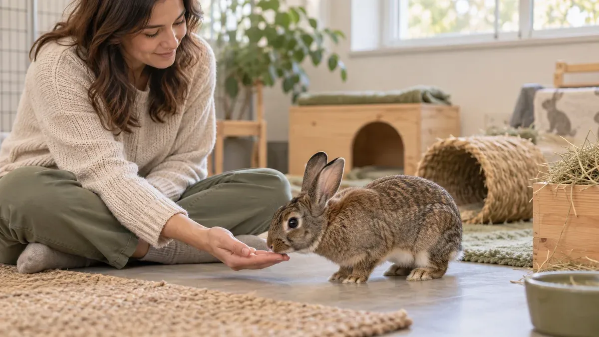 First floor-level meeting between a person and a rabbit