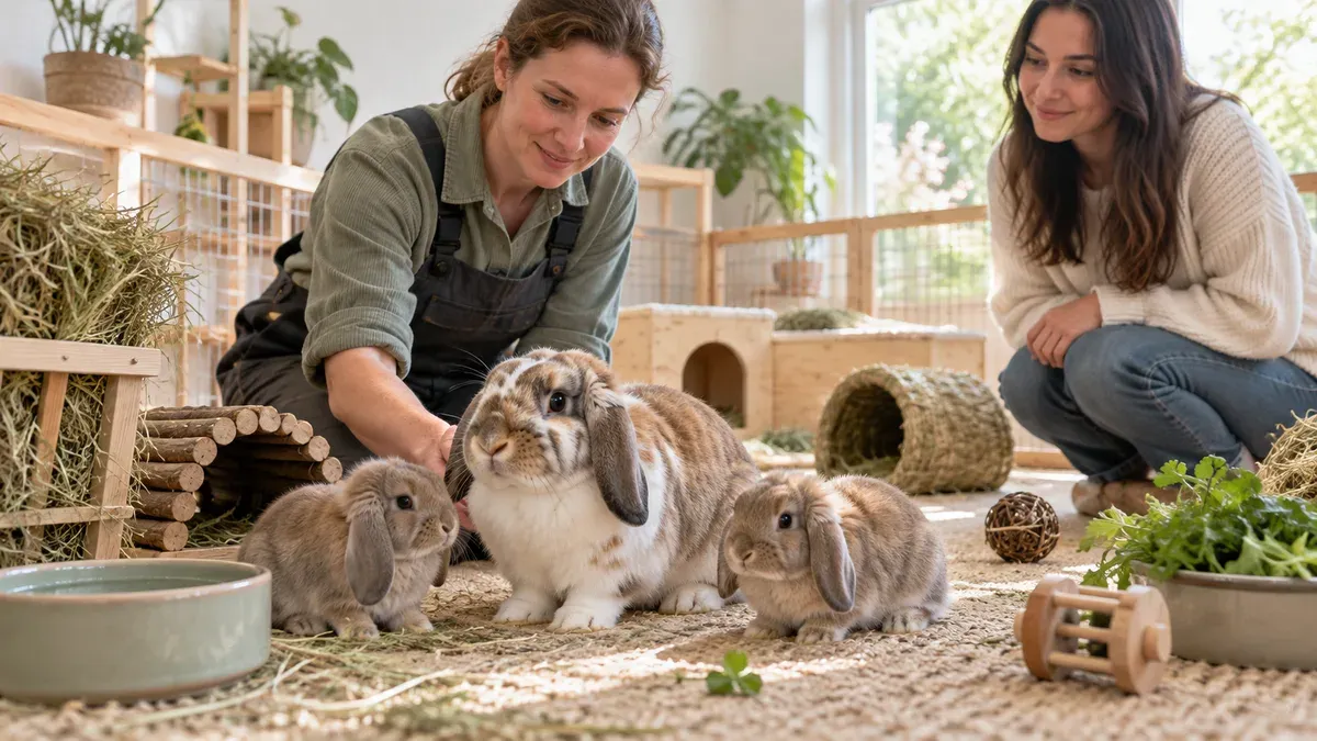 Doe and young rabbits in a spacious clean breeding enclosure