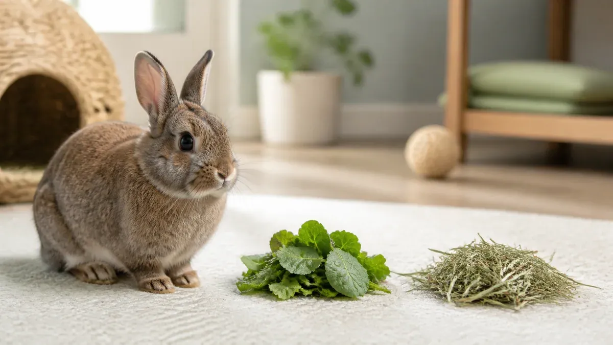 Rabbit beside a bowl of pellets and a hay rack