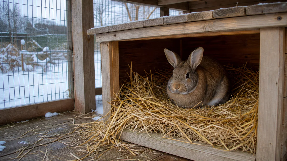 Lapin installé dans un abri garni de paille épaisse pour l'hiver