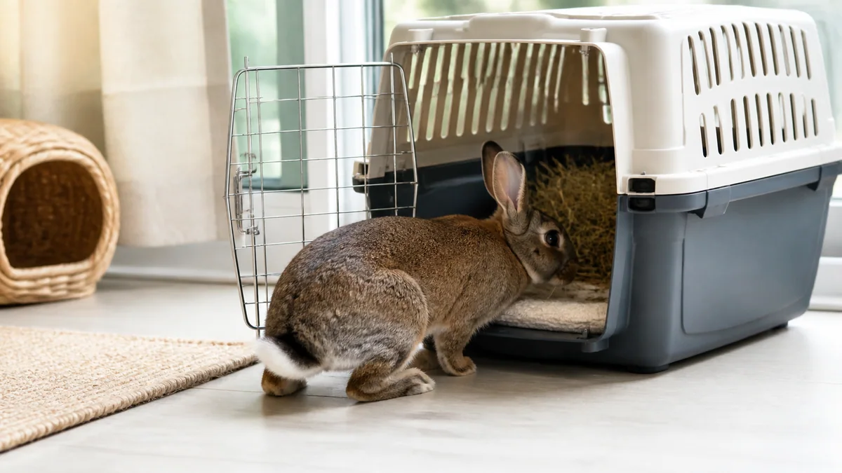 Lapin entrant de lui-même dans une caisse de transport ouverte garnie de foin