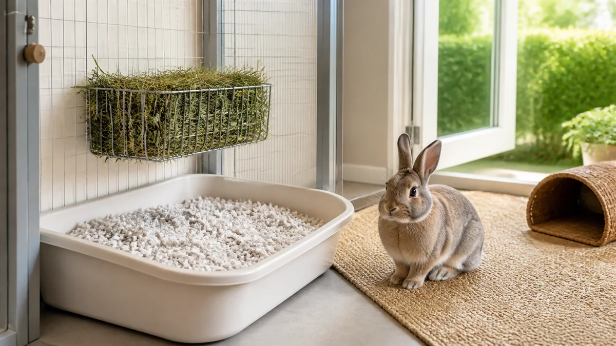 Bac à litière propre pour lapin dans un intérieur bien ventilé