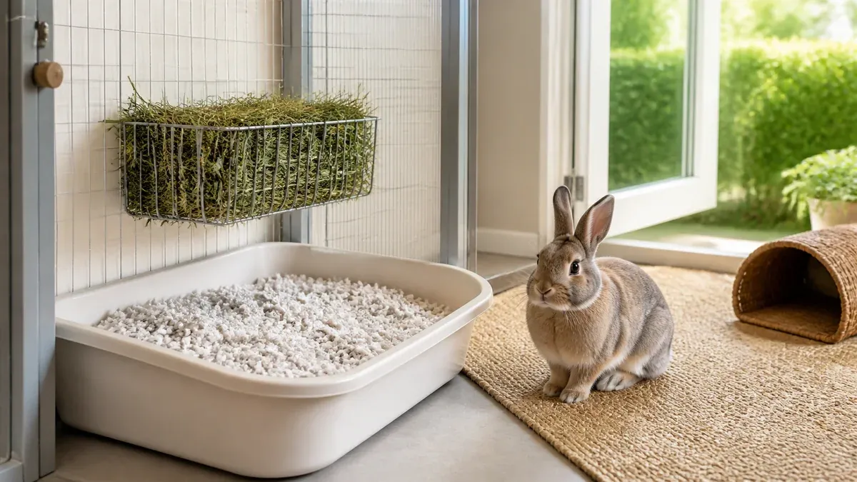 Clean rabbit litter tray in a well-ventilated room