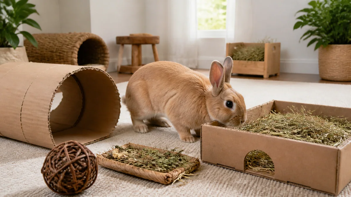 Lapin fouillant dans un bac rempli de papier et de foin