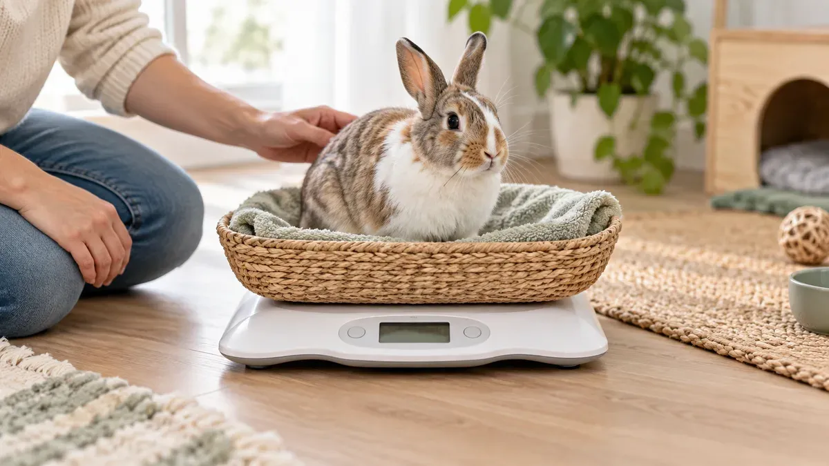 Lapin dans un panier posé sur une balance numérique