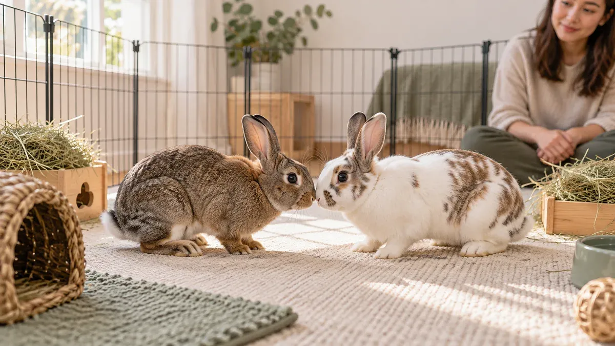 Two rabbits meeting calmly in neutral territory