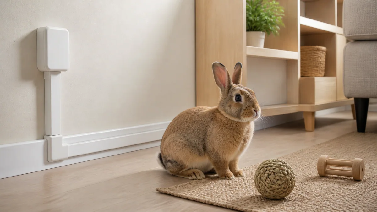 Câbles électriques protégés par une gaine spiralée dans un salon avec lapin