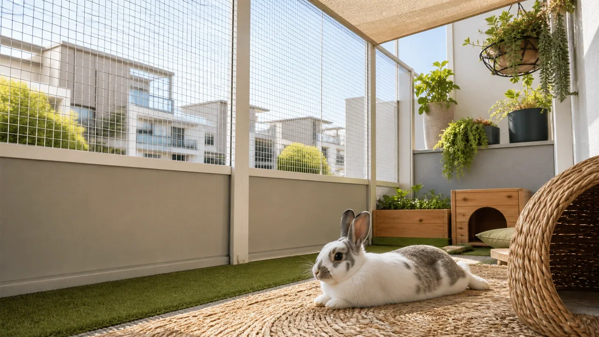 Balcon aménagé et sécurisé avec un filet pour un lapin