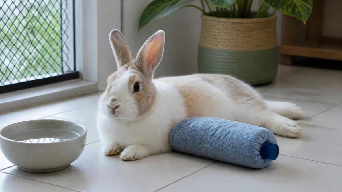 Lapin allongé sur une dalle de carrelage fraîche pour se rafraîchir en été