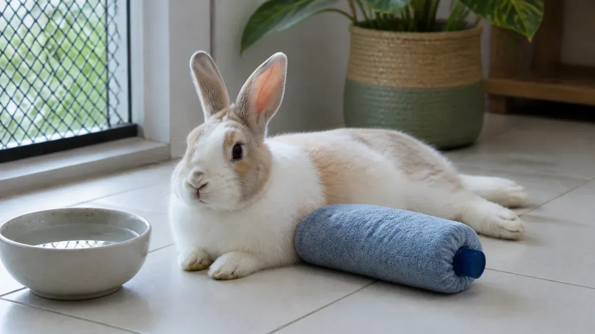 Lapin allongé sur une dalle de carrelage fraîche pour se rafraîchir en été