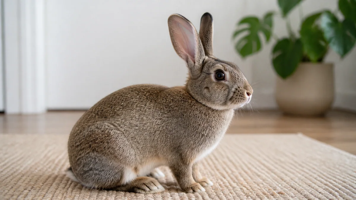 Lapin en position de repos vigilant, oreilles dressées et corps détendu