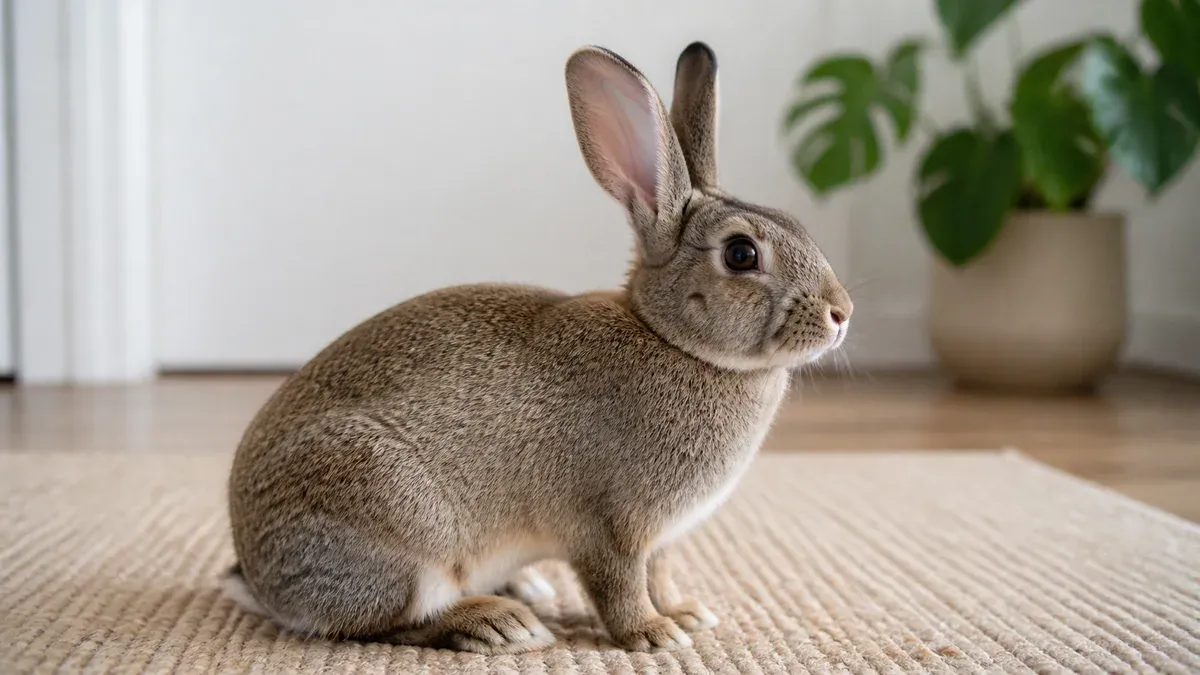 Lapin en position de repos vigilant, oreilles dressées et corps détendu