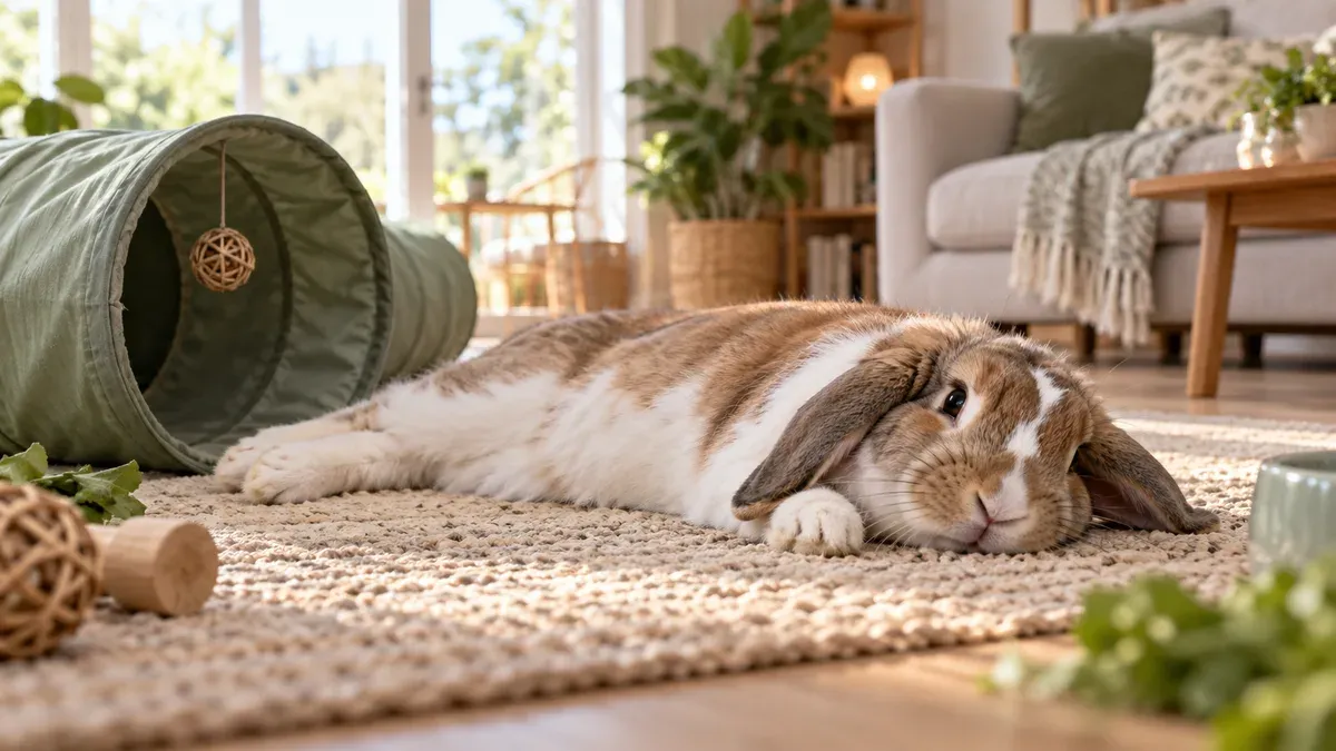 Happy rabbit relaxed on its side in a safe room