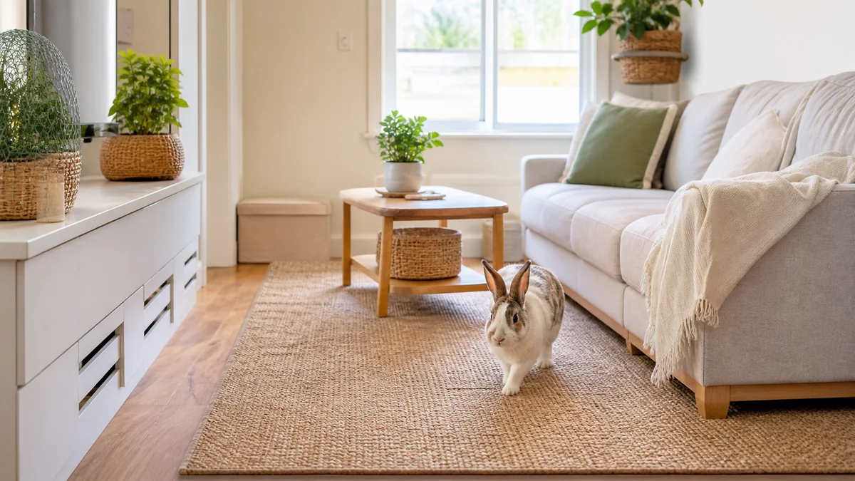 Vue d'une pièce aménagée et sécurisée pour un lapin en liberté