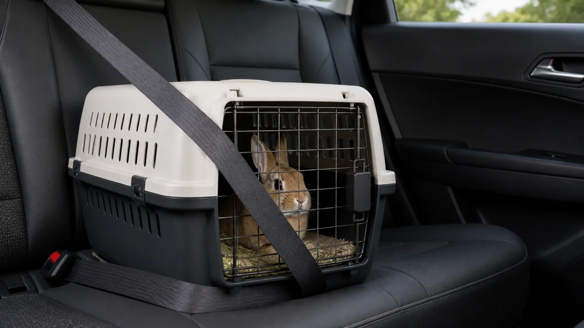 Transporteur rigide pour lapin sécurisé sur la banquette arrière d'une voiture