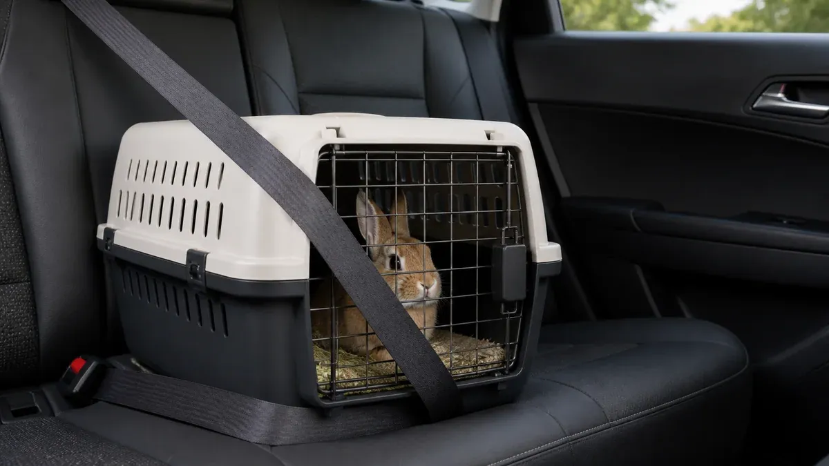 Transporteur rigide pour lapin sécurisé sur la banquette arrière d'une voiture