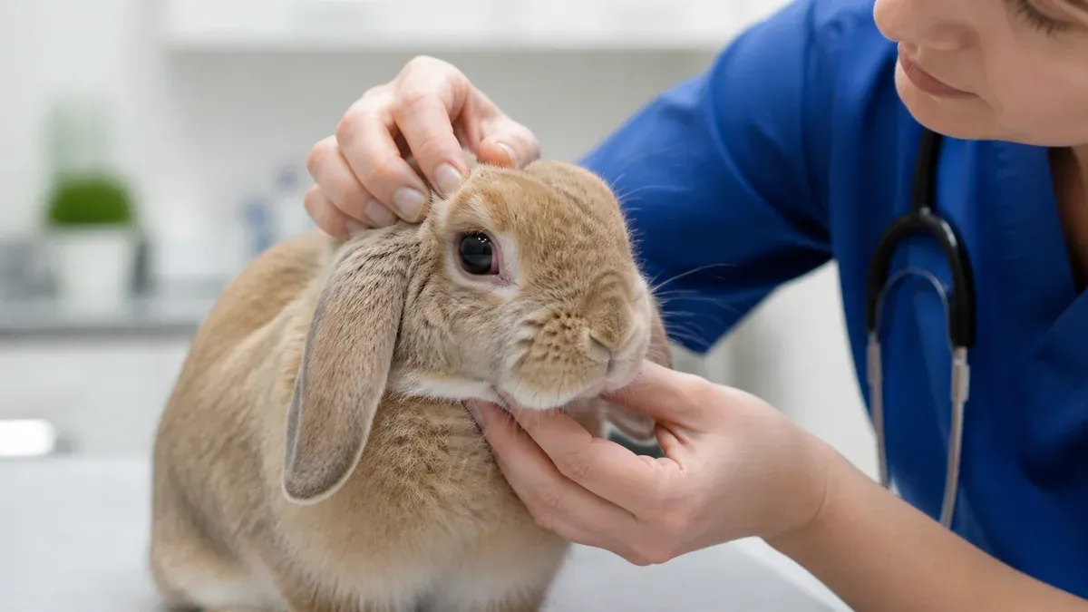 Lapin avec un œil rougi et larmoyant, illustrant une conjonctivite