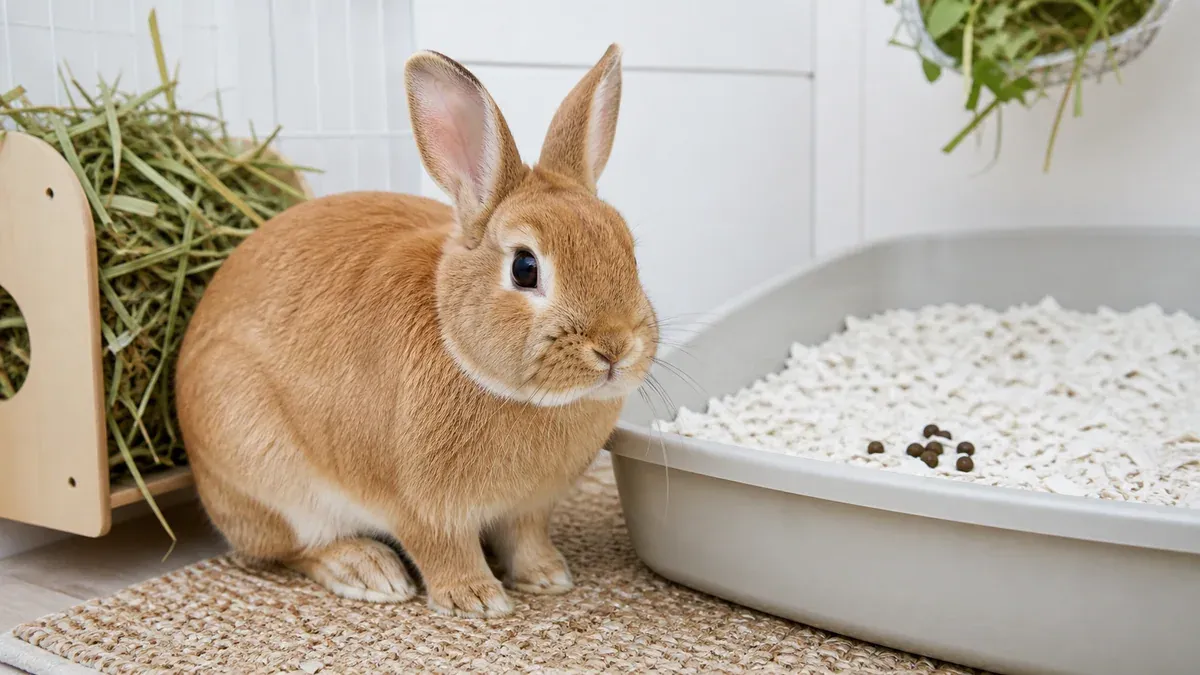 Rabbit in the grass holding a small white flower in its mouth