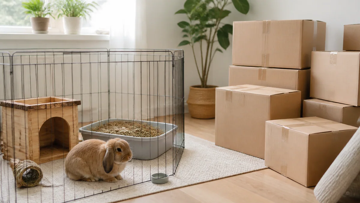 Lapin dans un enclos temporaire au milieu de cartons de déménagement