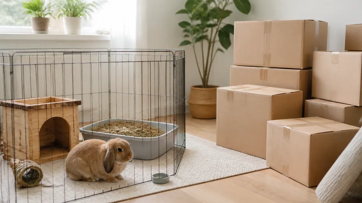 Rabbit in a temporary pen surrounded by moving boxes