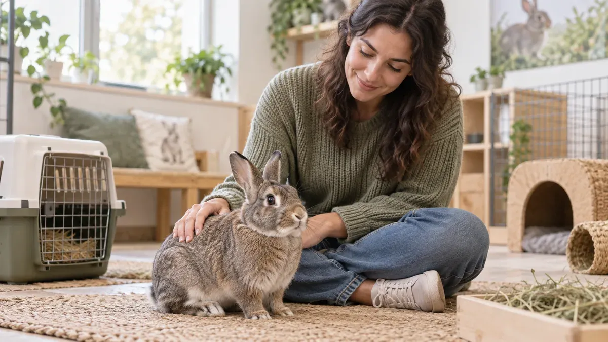Future adoptante assise calmement près d'un lapin