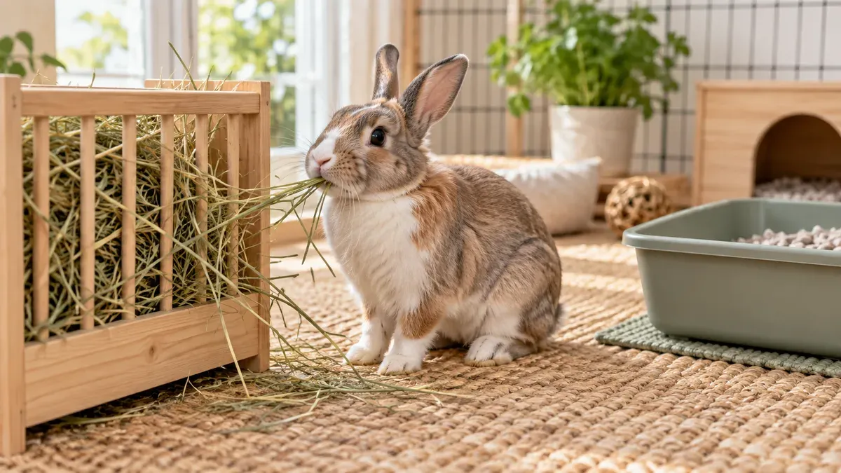 Rabbit eating hay from a low wooden hay rack