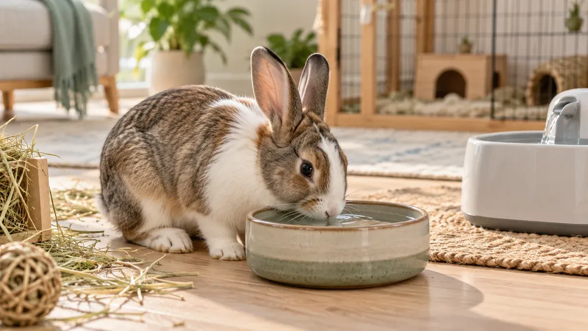 Rabbit drinking from a ceramic bowl on the floor
