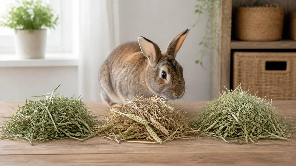 Différents types de foin pour lapin : Timothy, prairie et luzerne dans des râteliers séparés