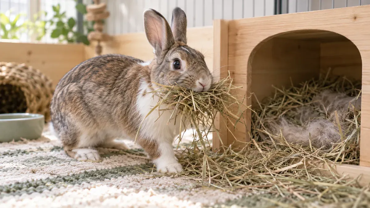 Doe carrying hay to build a nest
