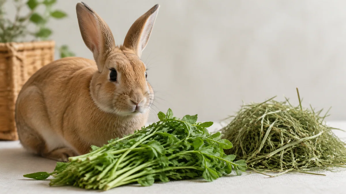 Botte de luzerne verte à côté d'un lapin nain adulte