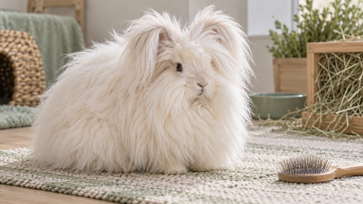 Lapin angora blanc au long pelage près d'une brosse de toilettage
