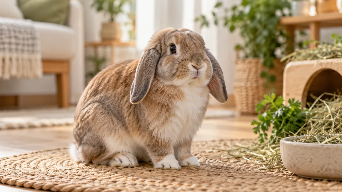 Realistic portrait of an adult dwarf lop rabbit