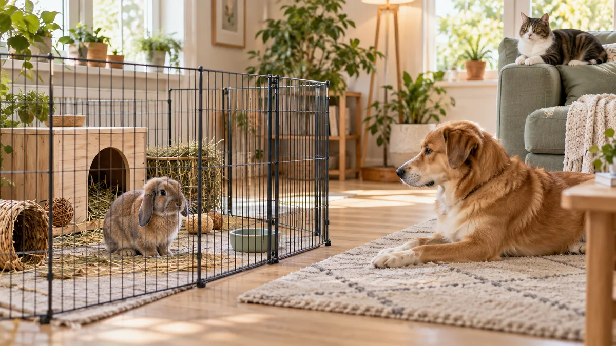 Lapin protégé dans son enclos face à un chien calme et un chat à distance